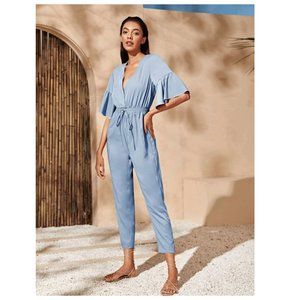 Sky Blue Cropped Jumpsuit With Flounce Sleeves